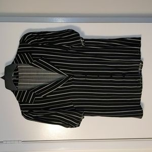 Reformation, M, black and cream striped blouse with ruched sleeves